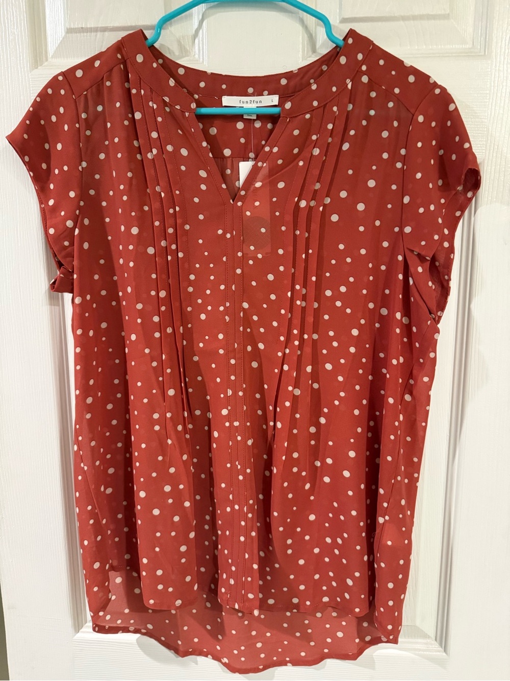 fun 2 fun Rust Red Polka Dot Pintuck Cap Sleeve Blouse